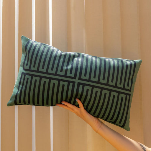 Babel Brune cushion Elios velours vert et bleu with garnishing 30 x 50 confection française