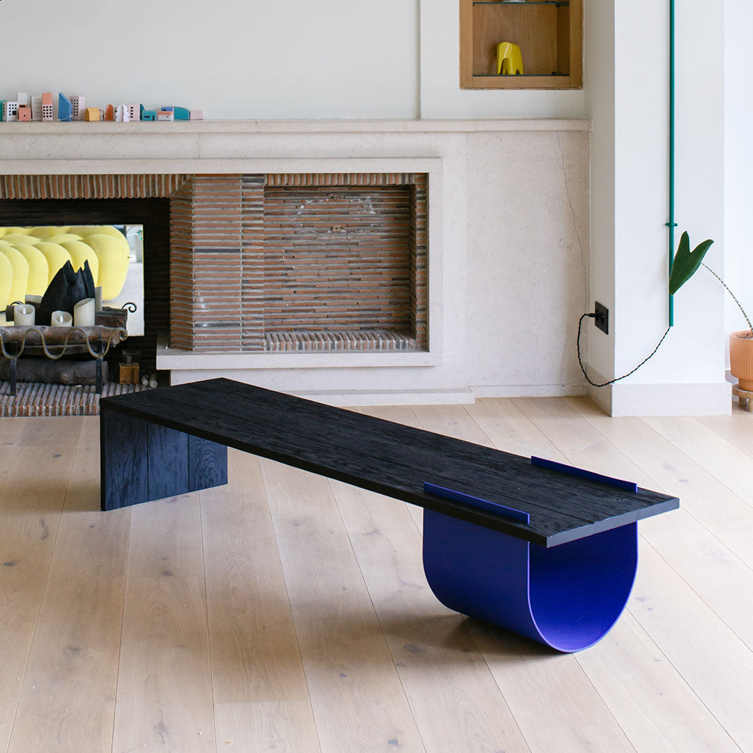 Coffee table Babel One Babylone Blue 160 cm chêne brûlé acier thermolaqué bois massif shu sugi ban style memphis